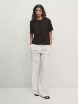 Укороченная хлопковая футболка с короткими рукавами Massimo Dutti, коричневый