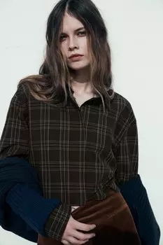 Укороченная клетчатая рубашка ZARA, хаки