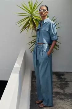 Укороченная рубашка с клапанами ZARA, светло-синий