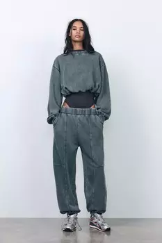 Укороченная толстовка с эффектом выцветания ZARA, средне-серый