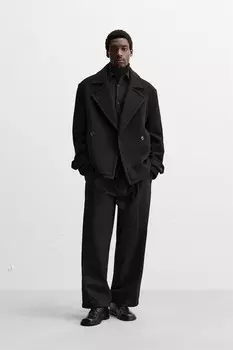 Укороченное пальто из шерстяной смеси ZARA, черный