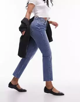 Укороченные прямые джинсы со средней посадкой и необработанными краями Topshop синего цвета