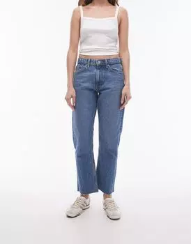 Укороченные прямые джинсы со средней посадкой и необработанными краями Topshop синего цвета