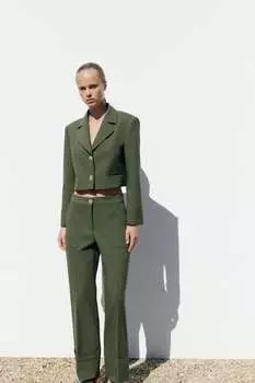 Укороченный пиджак с отвернутым рукавом ZARA, темный хаки