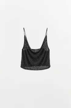 Укороченный топ из тюля со стразами ZARA, черный