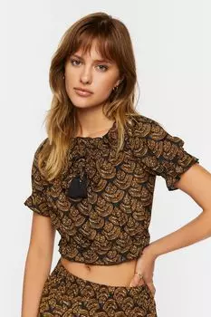 Укороченный топ с пышными рукавами и декоративным принтом Forever 21, коричневый