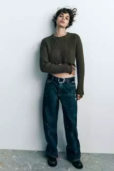 Укороченный трикотажный свитер с рванами ZARA, хаки