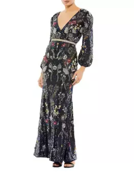 Украшенное платье с запахом и епископскими рукавами Mac Duggal, мультиколор
