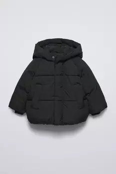 Утепленная куртка с капюшоном ZARA, черный
