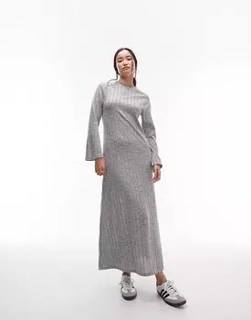 Уютное серое меланжевое платье миди в рубчик Topshop