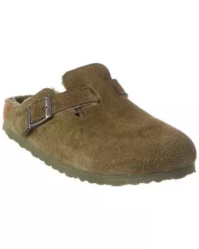 Узкие замшевые и овчинные сабо Birkenstock Boston VL, цвет thyme