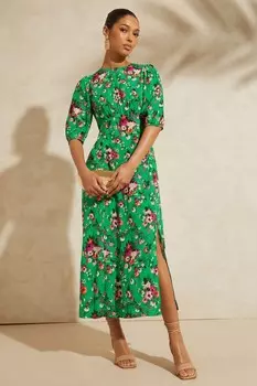 V&A | платье миди с разрезом и пышными рукавами в стиле ампир с принтом Love & Roses, зеленый