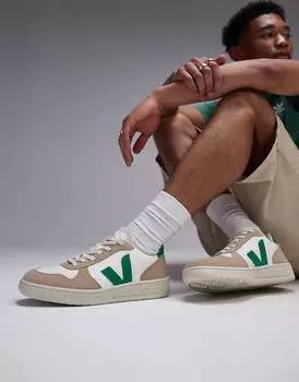 VEJA – V-10 – Белые кожаные кроссовки с бежевыми и зелеными вставками