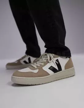 VEJA – V-10 – Белые кожаные кроссовки с бежевыми и черными вставками