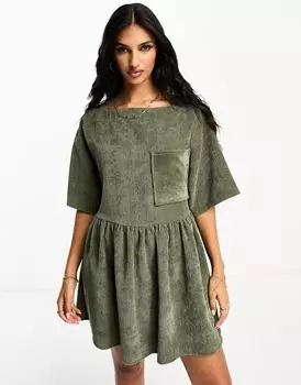 Вельветовое платье-футболка цвета хаки ASOS DESIGN