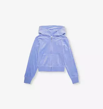 Велюровая толстовка с капюшоном на молнии с тональной вышивкой 7-16 лет Juicy Couture, синий