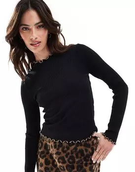 Vero Moda – черный топ с длинными рукавами в рубчик и контрастной белой окантовкой