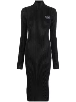 Versace Jeans Couture платье миди в рубчик с нашивкой-логотипом, черный