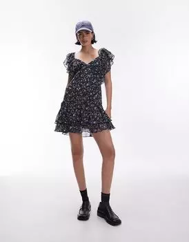 Винтажное синее чайное платье мини с цветочным принтом Topshop