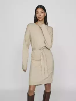 Вязаное платье Vila "VIRIL O-NECK L/S BELT KNIT DRESS - NOOS", цвет Natural Melange