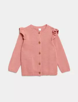 Вязаный кардиган из чистого хлопка (0–3 года) Marks & Spencer, розовый