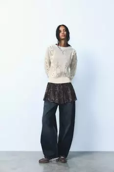 Вязаный свитер с кружевной отделкой ZARA, экрю
