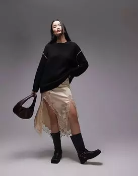 Вязаный свободный джемпер с открытым контрастным швом черного цвета Topshop