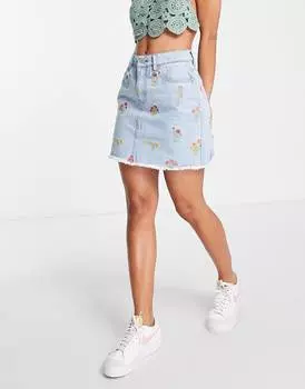 Выбеленная джинсовая юбка с цветочной вышивкой Miss Selfridge