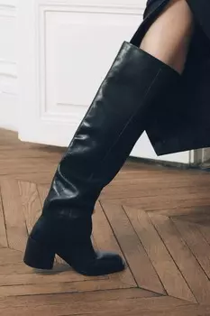 Высокие кожаные сапоги ZARA, черный