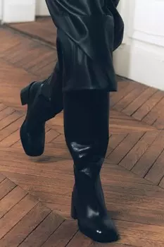 Высокие кожаные сапоги ZARA, черный