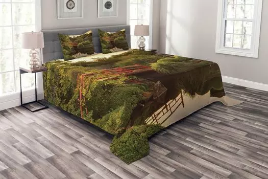 Японское покрывало ABAKUHAUS Garden Asia Peace, комплект с моющимися наволочками, для односпальных кроватей 264 x 220 см, зеленый желтый