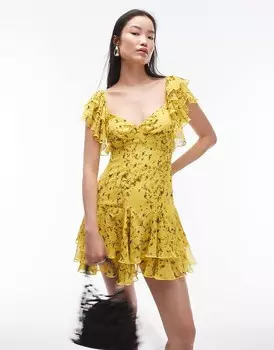 Ярко-желтое чайное платье мини с развевающимися рукавами Topshop