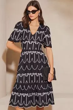 Ярусное платье миди Broderie с короткими рукавами и вышивкой Lipsy, черный