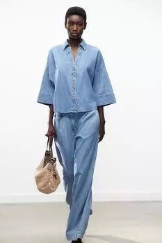 Z1975 широкие джинсы с высокой посадкой и вытачками ZARA, средне-синий