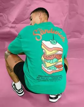 Зеленая футболка оверсайз с принтом \"сэндвич\" на спине ASOS DESIGN
