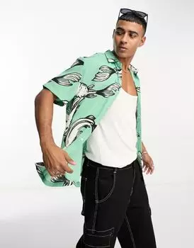 Зеленая рубашка свободного кроя с рыбным принтом ASOS