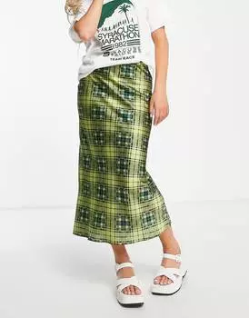 Зеленая юбка миди косого цвета из атласа в клетку Topshop