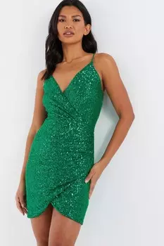 Зеленое мини-платье с запахом и пайетками QUIZ Clothing