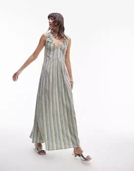 Зеленое платье макси со сборками на воротнике Topshop
