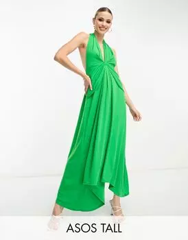 Зеленое платье миди с глубоким вырезом и поясом ASOS DESIGN Tall
