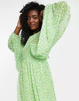 Зеленое платье миди с объемными рукавами и объемными рукавами Miss Selfridge