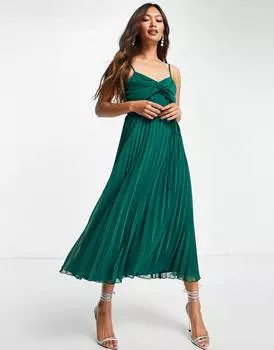 Зеленое платье миди с плиссировкой и поясом ASOS DESIGN