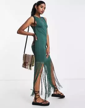 Зеленое платье миди с вырезом спереди и бахромой ASOS DESIGN