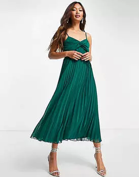 Зеленое платье миди со складками и поясом ASOS DESIGN