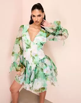 Зеленое платье мини из органзы с чашечками ASOS LUXE