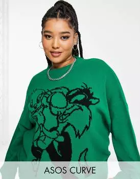 Зеленый джемпер с рисунком Looney Tunes ASOS DESIGN Curve