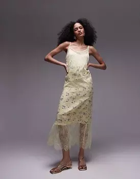 Желтое платье миди Topshop премиум-класса с цветочным принтом, съемной подкладкой и круглым вырезом