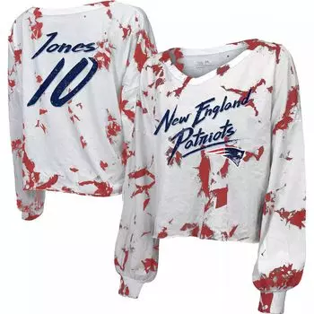 Женская белая футболка Majestic Threads Mac Jones New England Patriots с открытыми плечами и тай-дай, имя и номер, укороченная футболка с длинными рукавами и v-образным вырезом Majestic