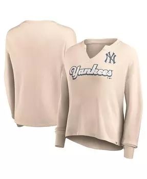 Женская фирменная кремовая рваная футболка New York Yankees Go For It вафельной вязки с длинными рукавами и вырезом в горловине Fanatics, тан/бежевый