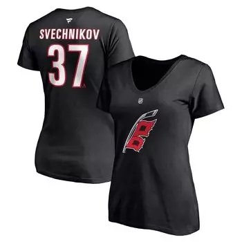 Женская футболка Fanatics с брендом Андрея Свечникова Black Carolina Hurricanes, альтернативное аутентичное имя и номер стека, футболка с v-образным вырезом Fanatics